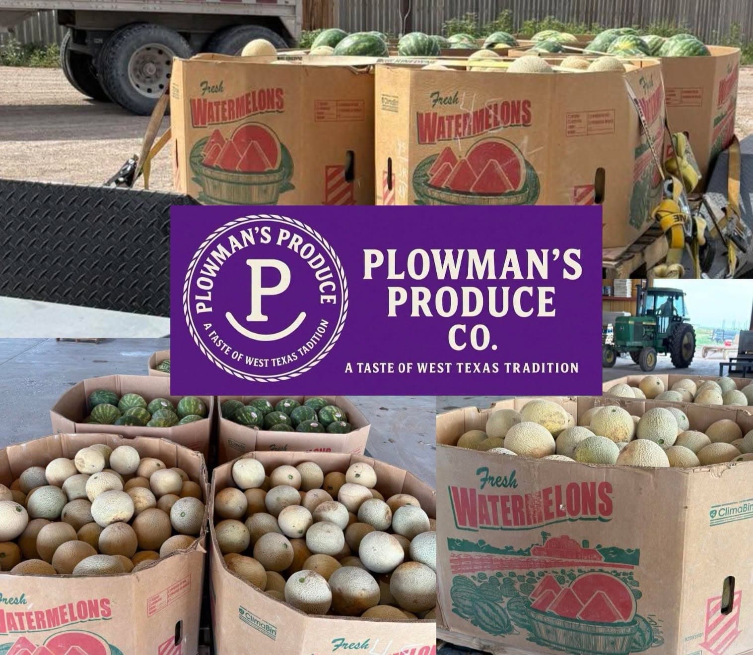 Plowman’s Produce brand collage with cantaloupes and watermelons
